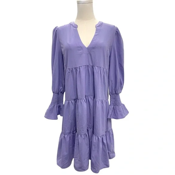 NWT Tuckernuck Pomander Place Lilac Kenzo Tiered Mini Dress V-neck 3/4 Sleeves - Picture 8 of 16